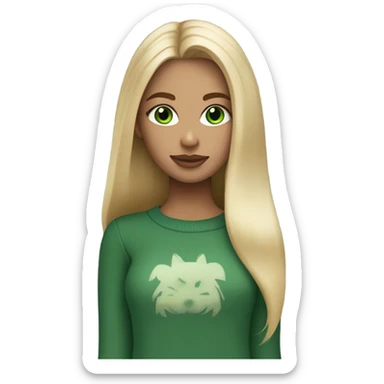 blonde girl with green eyes, smooth skin, sweater, long blow out hair, baddie, middle part sticker