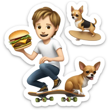 Pale white guy with straight shorter brown hair, eating a burger whilst doing a trick on a skateboard, with a chihuahua sticker
