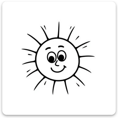 hand-drawn doodle of a smiling sun with rays, black ink, Notion style sticker