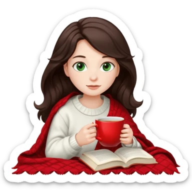 Long wavy dark brown haired, white skinned, dark green eyed girl wrapped in a red and white blanket, sipping tea and reading a book sticker