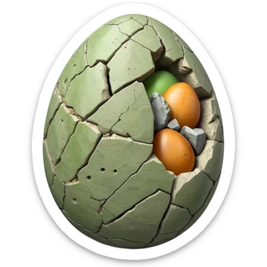 3D render of Dino Egg, embedded in a chunk of rough sedimentary rock, cracked stone texture, ancient fossil aesthetic, speckled greenish-grey stone egg with a crack, matte dry finish, Apple emoji style, isolated on white background --v 6.0. sticker