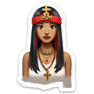 anime woman with red and black hair, wearing a hawaiian shirt, red eyes, wearing a cross necklace, wearing a red and black nemes pharaoh headdress sticker