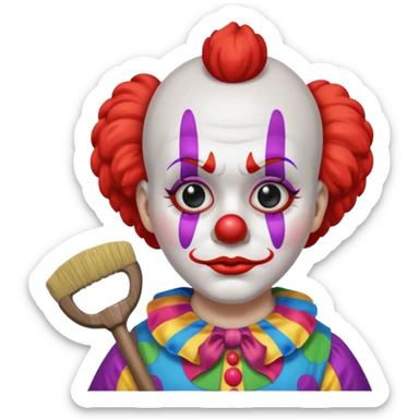 a sad clown with a broom and an axe sticker