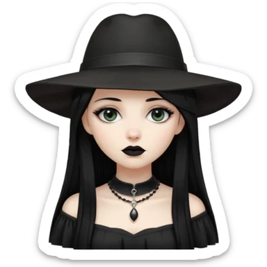 Female Goth with Wide-Brim Hat
 Long straight black hair, white skin, black dress, wide hat casting shadow over eyes. sticker