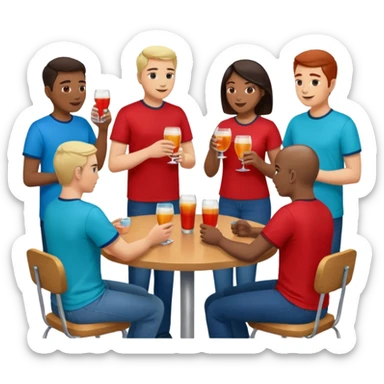 Ten adults in casual clothing with red, aqua and blue shirts, some with drinks chatting at an afterwork meeting sticker