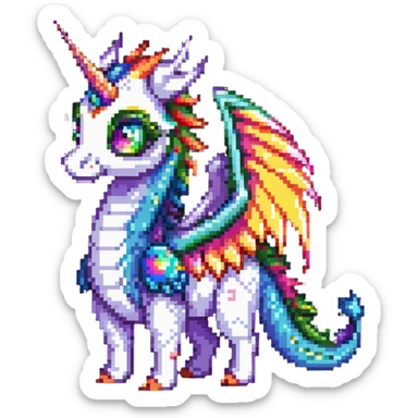 dragon with oversized eyes, rainbow-colored wings, and a unicorn horn sticker