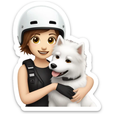 Girl biker white skin and brown short hair with a agv black helmet hugging a white Samoyed sticker
