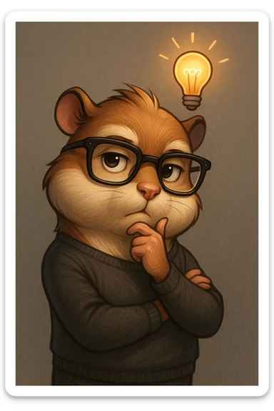 a detailed cartoon hamster in a thoughtful pose, stylish glasses, glowing idea bulb, mature and modern look sticker