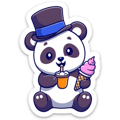 Panda eating ice cream with a top hat sticker