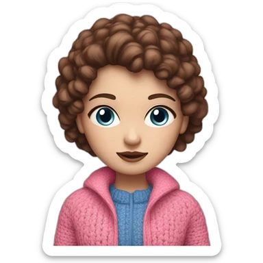 A girl with white skin, blue eyes, brown hair in a pink jacket, crochet sticker
