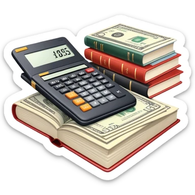 Icon for Business Reading: an open book with graphs, numbers, percentages, formulas, and text on the pages, next to a stack of books, a pile of dollars, a calculator and business magazines like Forbes. Transparent background. sticker