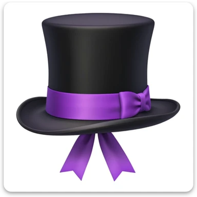 3D emoji of a tall, vintage-style black top hat with a wide brim and a bright purple ribbon, smooth slightly glossy surface, simplified shapes, cartoon-like look, soft shadows, white background sticker
