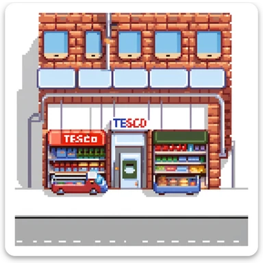 Isometric view of a British supermarket building with red brick facade, Tesco-style signage, shopping trolleys, and small parking area with double-decker bus visible sticker