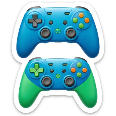 Create a clean, cartoon emoji of two gaming controllers angled toward each other to represent multiplayer gaming. Use bright colors, bold outlines, minimal detail, and a transparent background so it stays clear at small sizes. sticker