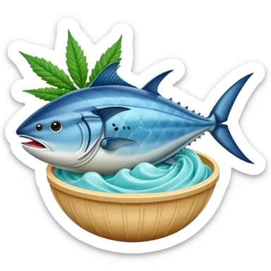bluefin tuna in a gelato with cannabis leaf sticker