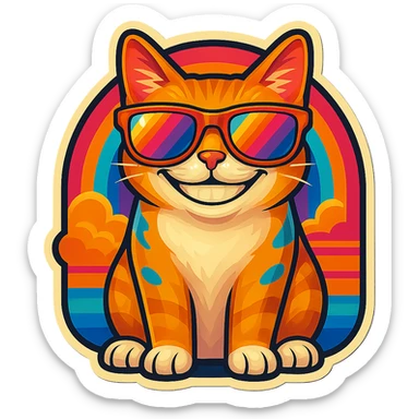 Make the cat smile, keep the same retro stickers aesthetic, rainbow sunglasses, and vibrant colorful background. sticker