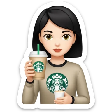 white girl with short black hair drinking starbucks sticker