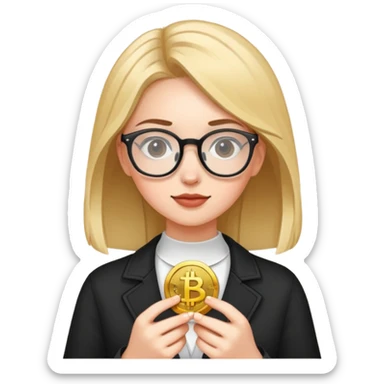 A girls with glasses holding crypto  sticker