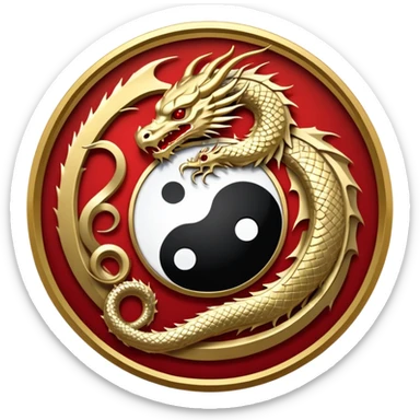 An icon symbolizing Eastern martial arts in the style of an emblem, featuring a black-and-white Yin-Yang symbol and a dragon at the center, surrounded by elements like a dojo. Transparent background highlights balance and power. sticker