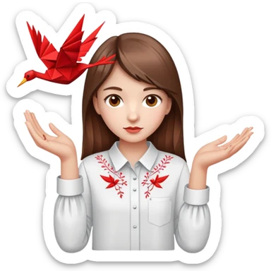 Ukrainian young girl with brown hair wearing an embroidered shirt holds an origami red crane sticker