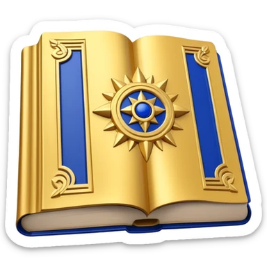 A golden yellow book with royal blue accents, smooth and polished, embossed with a symbol of six pillars, a sun, or a glowing mirror, radiating strength, confidence, and the power of self-worth.  sticker