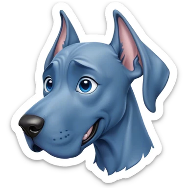 Cinematic Comical Blue Great Dane Portrait Emoji, Head tilted dramatically with an exaggeratedly amused expression, featuring a striking blue Fur with a glossy finish, wide, expressive steel-blue eyes filled with playful disbelief, Simplified yet hilariously expressive features, highly detailed, glowing with a slightly sassy glow, high shine, dramatic yet playful, stylized with an air of cheeky charm, bright and endearing, soft glowing outline, capturing the essence of a spirited and over-the-top guardian, so meme-worthy it feels like it could side-eye its way into internet fame instantly! sticker