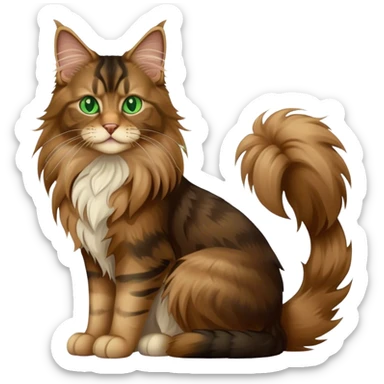 A light brown and black long haired Maine coon cat with green eyes sitting down sticker