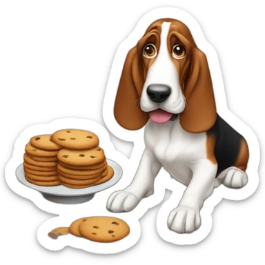 Basset hound dog stealing cookies from a table, missing his right eye sticker