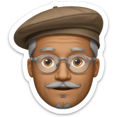 Brown man slightly smiling showing with hat, clear glasses and a gray goatee sticker