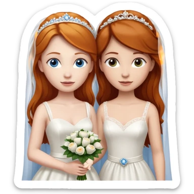 A ginger woman with blue eyes, marrying a taller woman with brown hair and hazel eyes, both in wedding dresses. sticker
