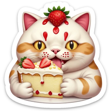 A chubby cat aggressively eating a giant strawberry cake, cream all over its face, exaggerated expression, vibrant colors, cartoon style, playful and humorous mood
, sticker