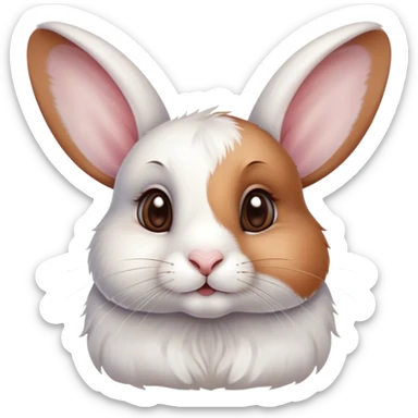 Cinematic Cute White and Brown Rabbit Portrait Emoji, Head tilted playfully and inquisitively, featuring a silky fur with a delicate mix of white and brown patches, round, sparkling eyes filled with curiosity, Simplified yet irresistibly adorable features, highly detailed, glowing with a warm, friendly glow, high shine, affectionate and lively, stylized with a touch of whimsy, bright and endearing, soft glowing outline, capturing the essence of a mischievous yet loving bunny, so playful it feels like it could hop out of the screen and into your arms! sticker