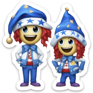 a blue and white moon-themed animatronic with red eyes, a blue sleeping cap with stars on it, jester ruffles, and baggy blue pants with star pattern on it sticker