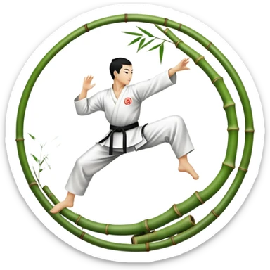 An icon symbolizing Eastern martial arts in the style of an emblem, with a black-and-white Yin-Yang symbol at the center. The design shows a martial artist performing a graceful kick, surrounded by bamboo and traditional elements. Transparent background emphasizes balance and harmony. sticker
