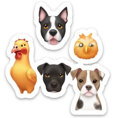 Brown Tabby cat, Grey pitbull with white neck and black spots, black dog with whit neck and 4 orange chickens sticker