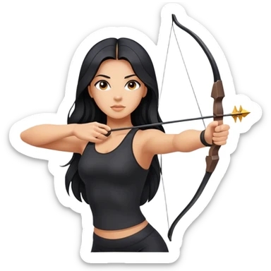 woman tanned long black hair, shooting bow and arrow , black yoga clothes sticker