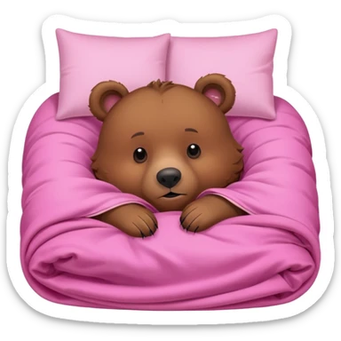 A brown bear lying on its side in a pink bed, curled up under the covers, trying to get comfortable. sticker