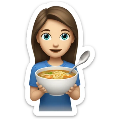 Girl with brown hair and blue eyes eating chicken noodle soup sticker