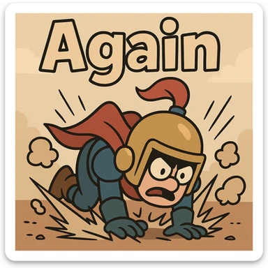 Jump King crashing onto the ground, dust and impact lines, with 'Again' in large, playful font above sticker