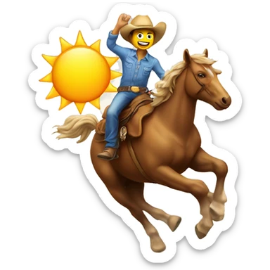 Man riding on top of the sun in a rodeo position, the sun has a smiling face sticker