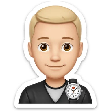 man wearing a black strap watch portrait, head and shoulders only, round face, soft jawline, friendly smile, black leather strap watch visible, 3D cartoon, mobile game icon style, clean background, no text, no watermark sticker