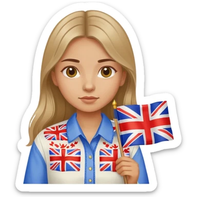 A Ukrainian girl in an embroidered shirt holds a British flag sticker