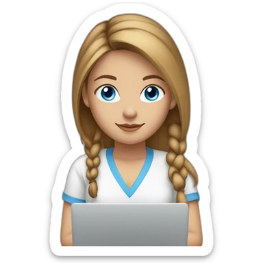 front-view-of-young-white-tan-woman-blue-eyes-brown-pony-tail-using-a-laptop sticker
