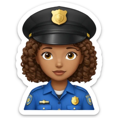 a cartoon-style avatar of a girl police officer with curly brown hair, wearing a black cap sticker