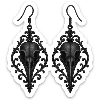 goth earrings, black raven skull, mysterious gothic, detailed sticker