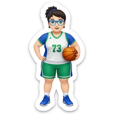 Full Body plus size white female basketball player with short dark hair with highlights spike hair wearing blue glasses  wearing blue green uniform smiling sticker