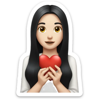 Pale girl with long black hair holding heart in her hands  sticker