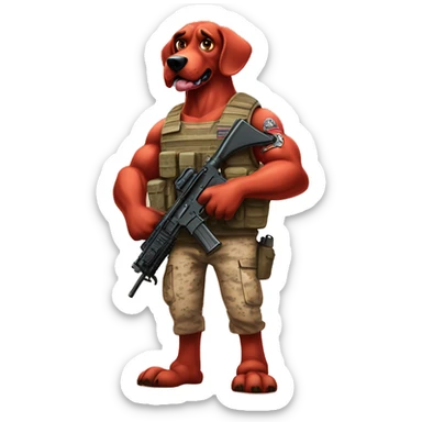 Desert storm daddy hot Clifford the big red dog muscular with tattoos on arms book illustration humanoid as a military call of duty character standing alone sticker
