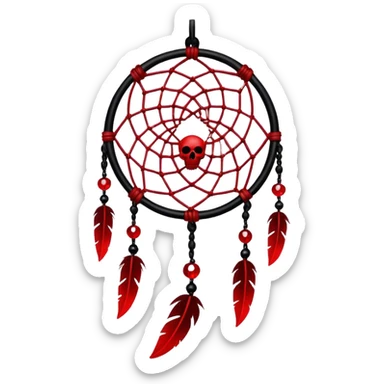 Blood-red, bloody, obsidian-black, edgy, dream catcher, red gemstones, black wires, black threads, tiny skulls, sticker