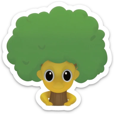 Yellow emoji face with Innocent eyes stand behind a big tree hiding with only eyes and top of forehead peeking out from behind tree sticker